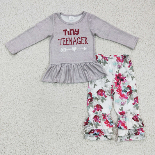 Clearance 6 B12-17 Tiny Teenager Grey Red Floral Ruffles Girls Long Sleeve Bell Bottom Pants Outfits