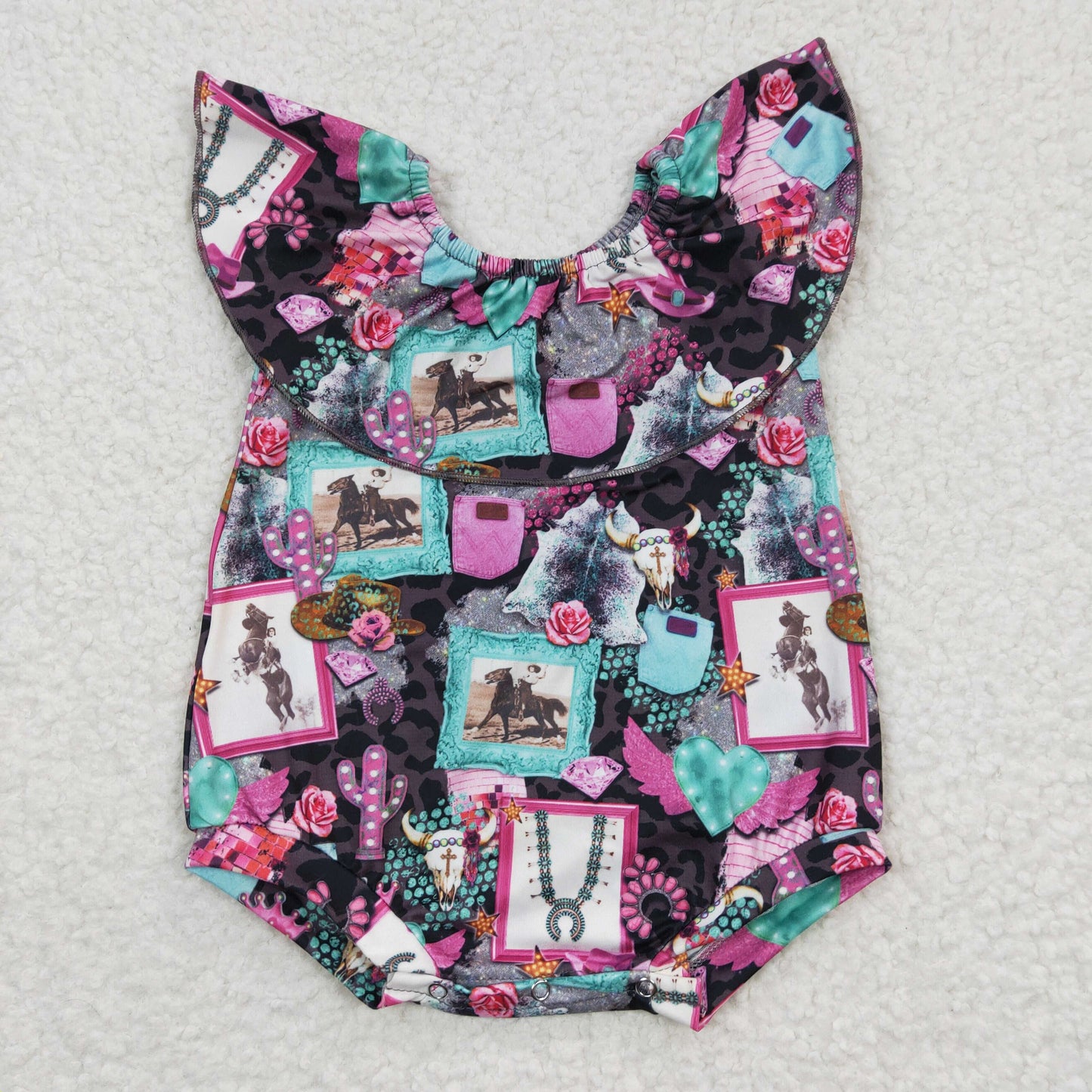 SR0219 Blue Pink Western Cowboy Girls Short Sleeve Romper