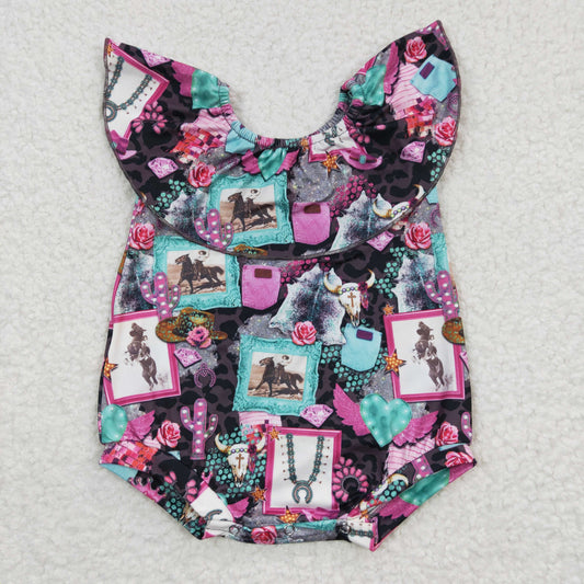 SR0219 Blue Pink Western Cowboy Girls Short Sleeve Romper