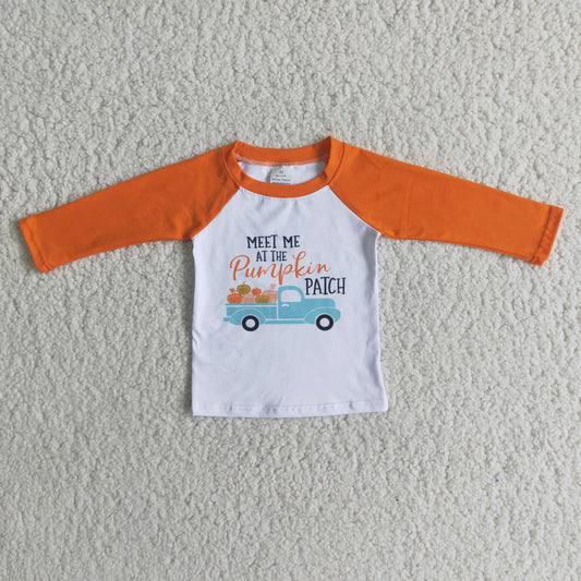 6 A11-17 Halloween Pumpkin Orange Raglan Boys Long Sleeve Top T-shirts