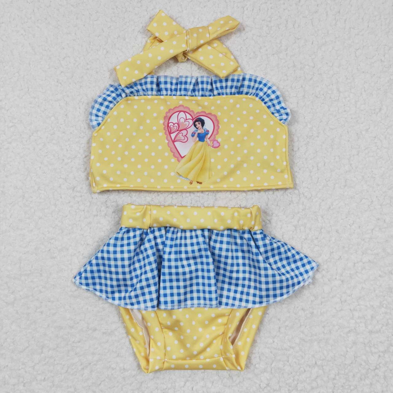 S0060 Love Yellow Blue Princess Embroidery Girls Swimming Bathing Suits Swimsuits