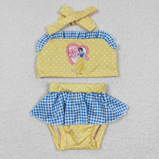 S0060 Love Yellow Blue Princess Embroidery Girls Swimming Bathing Suits Swimsuits