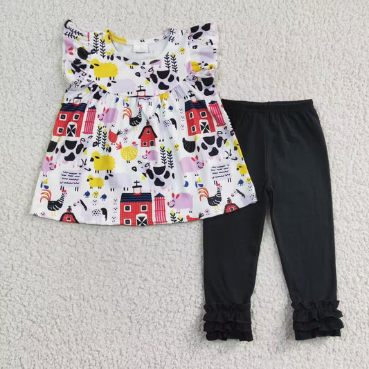 A9-8  Farm Sheep Pig Cow Horses Cartoon Girls Short Sleeve Bell Bottom Pants Outfits