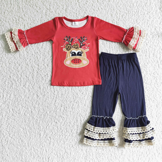 6 A14-27 Christmas Red Reindeer Cartoon Blue Lace Ruffles Girls Long Sleeve Pants Outfits