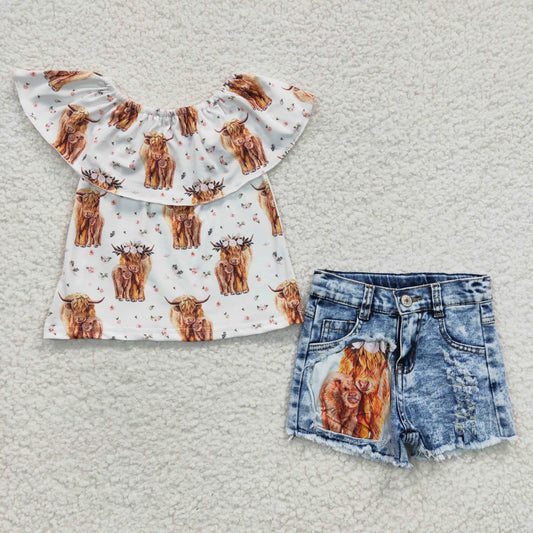 GSSO0186 2Pcs GT0147  Pink Highland Cow Floral Western Top+ Denim  Girls Short Sleeve Shorts Outfits