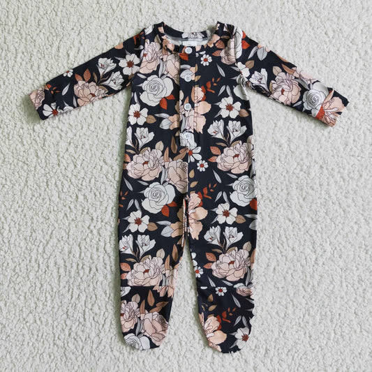 LR0116 Black Floral Girls Long Sleeve Romper