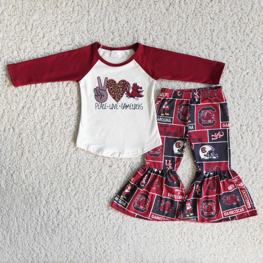6 A4-2 Red Leopard Peace Love Football Teams Girls Long Sleeve Bell Bottom Pants Outfits