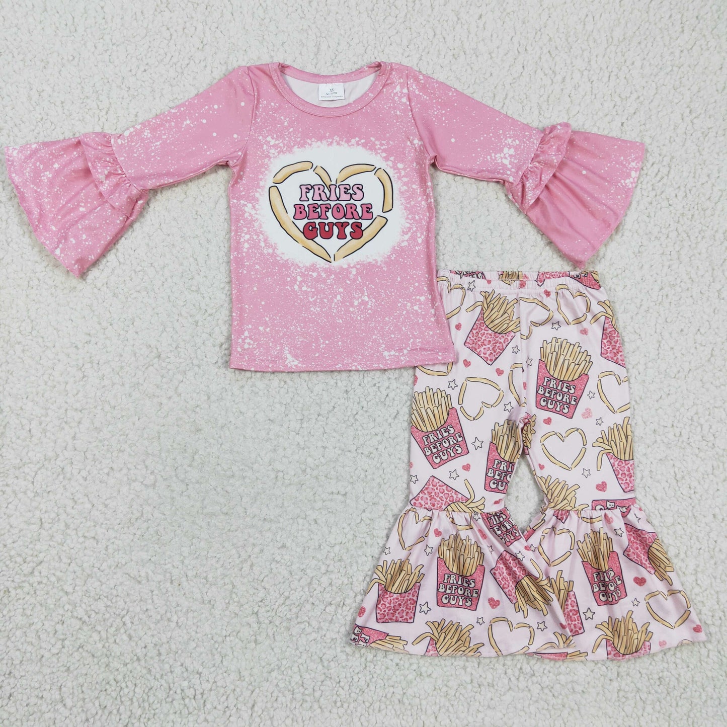 GLP0354 Valentine Love Pink Bleach Fries Before Guys Girls Long Sleeve Bell Bottom Pants Outfits