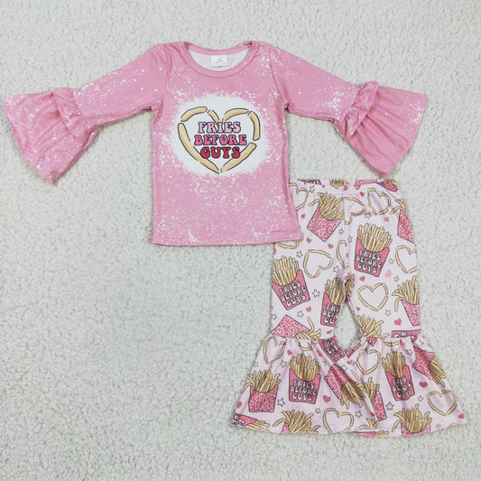 GLP0354 Valentine Love Pink Bleach Fries Before Guys Girls Long Sleeve Bell Bottom Pants Outfits