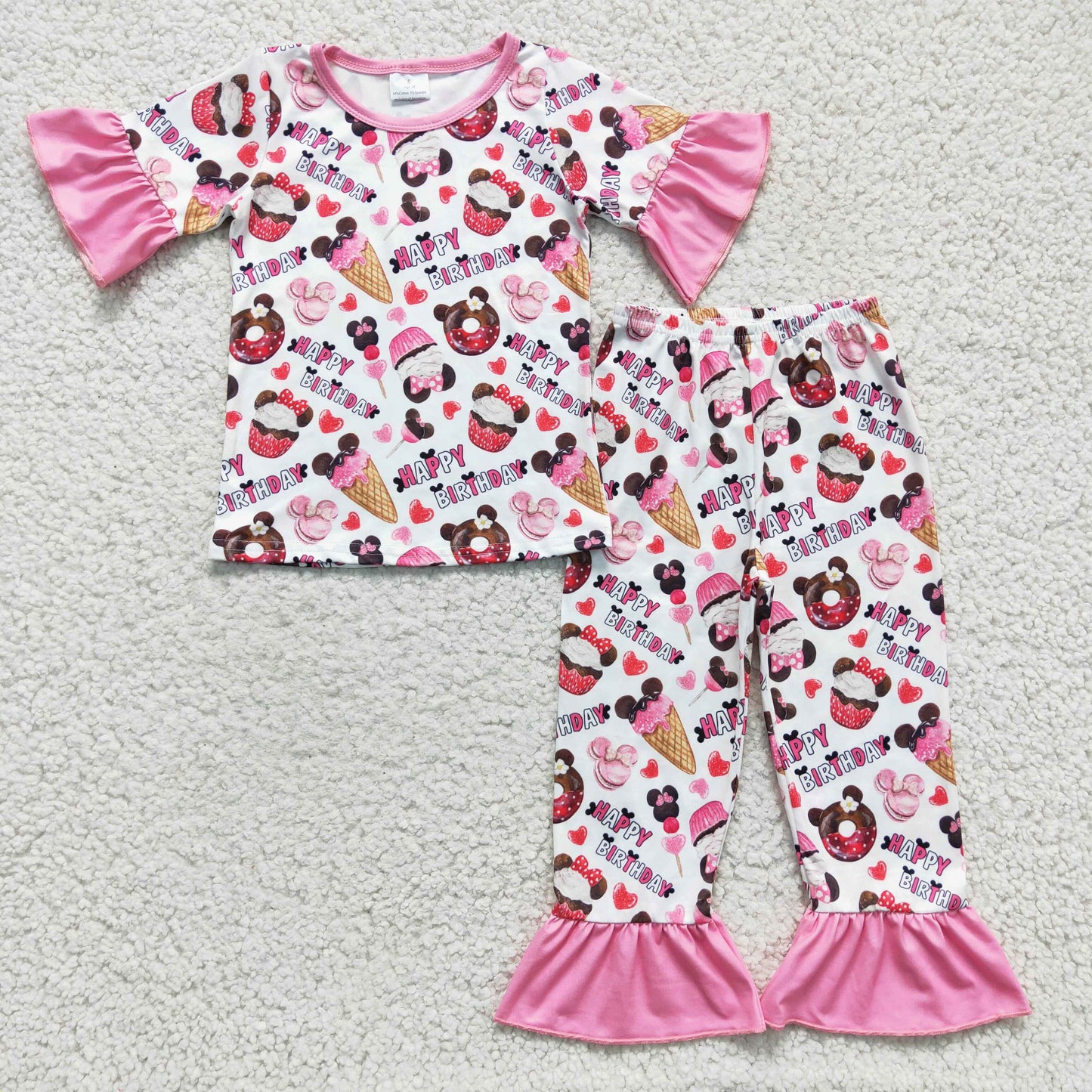 GSPO0306 Happy Birthday Cake Pink Love M Cartoon Girls Short Sleeve Pants Outfits Pajamas