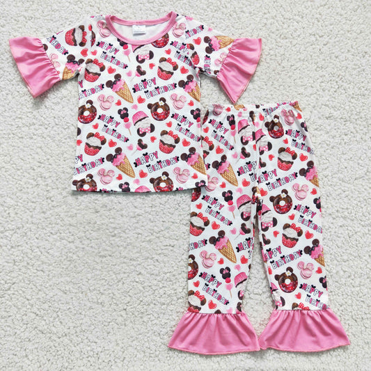 GSPO0306 Happy Birthday Cake Pink Love M Cartoon Girls Short Sleeve Pants Outfits Pajamas