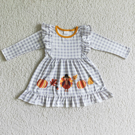 GLD0056 Thanksgiving Turkey Plaid Girls Long Sleeve Dresses