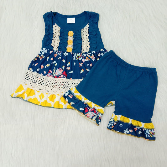 Summer Navy Sleeveless Floral Print Baby Girls Set