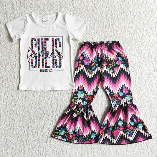 GSPO0041 Pink Floral She Is Fearless Aztec Design Girls Short Sleeve Pants Outfits