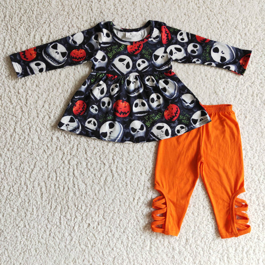 GLP0148 Halloween Ghost Cartoon Orange Black Tunic Girls Long Sleeve Pants Outfits