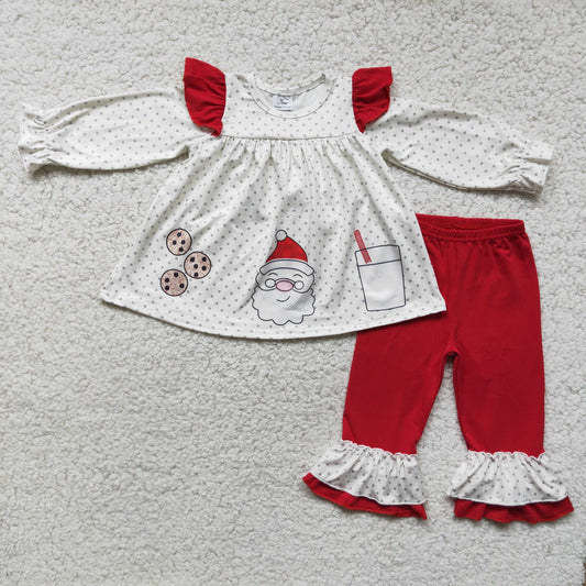 Clearance 6 C11-25 Christmas Santa Milk Cake Cookies White Red Tunic Girls Long Sleeve Pants Outfits
