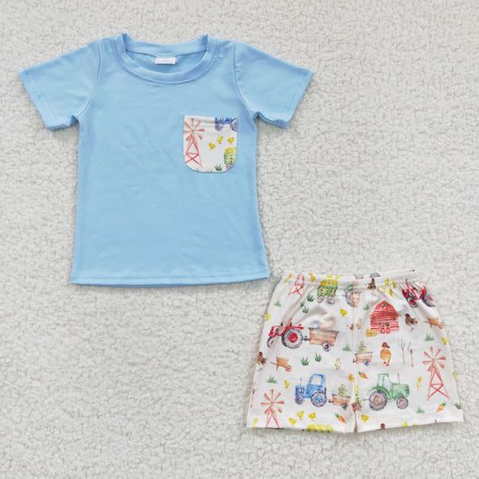 BSSO0142 Blue Farm Life Cow Chicken Pocket Boys Short Sleeve Shorts Outfits