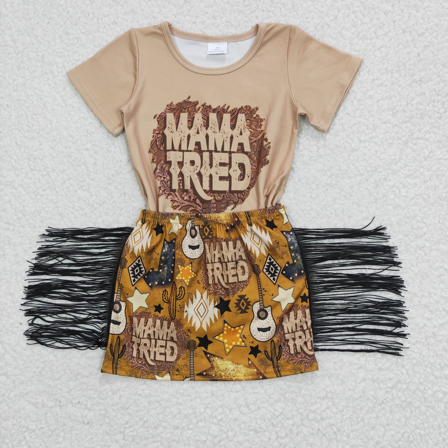 GSD0286 Mama Tried Yellow Western Tassel Girls Short Sleeve With Skirt Dresses Outfits