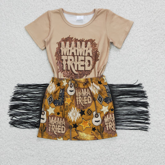 GSD0286 Mama Tried Yellow Western Tassel Girls Short Sleeve With Skirt Dresses Outfits