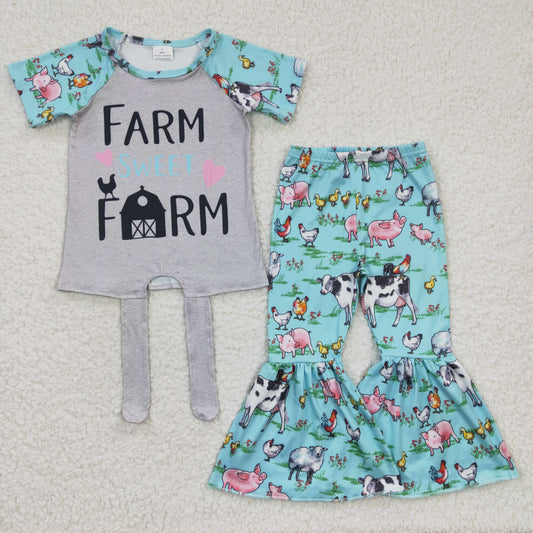 Clearance C3-15 Blue Sweet Farm Print Girls Short Sleeve Bell Bottom Pants Outfits