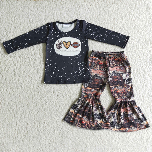 promotion RTS 6 C10-40 Black Peace Love Motorbike Girls Long Sleeve Bell Bottom Pants Outfits