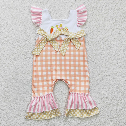 SR0129 Easter Orange Pink Rabbit Carrot Plaid Bow Embroidery  Girls Short Sleeve Romper