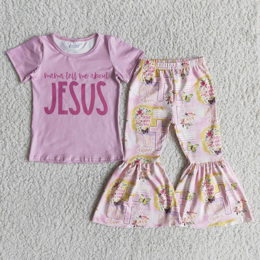 D10-4 Mama Tell Me About Jesus Pink Cross Floral Girls Short Sleeve Pants Outfits