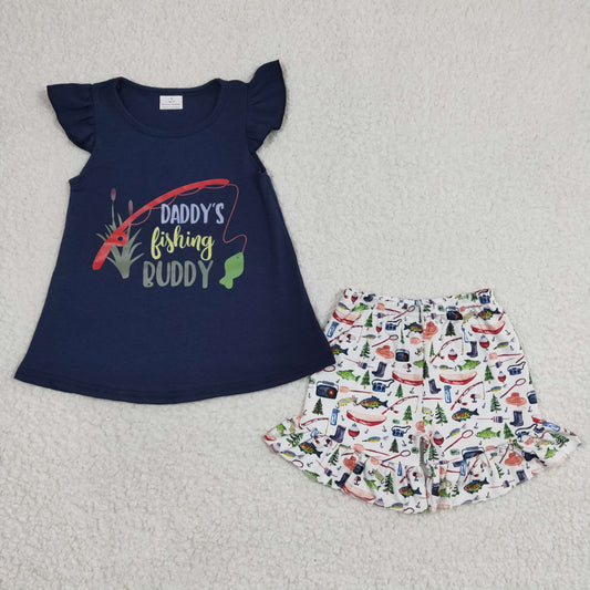 GSSO0165 Blue Daddy's Fishing Buddy Girls Short Sleeve Shorts Outfits