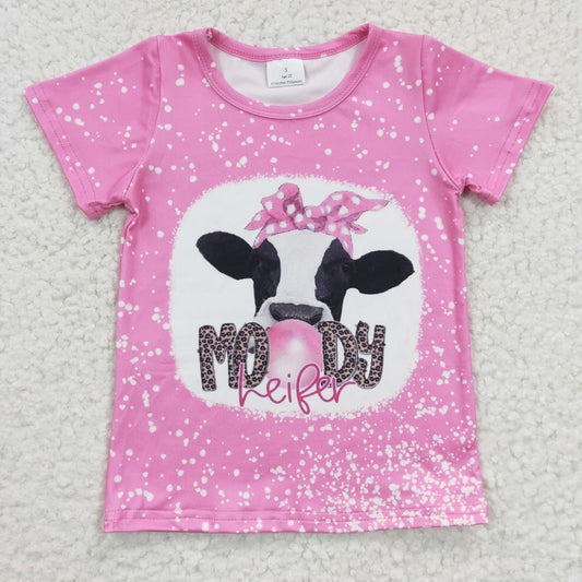 GLPO444 2Pcs GT0128 Pink Moody Heifer Cow  Top + Pink Leopard Denim Girls Long Sleeve Pants Outfits