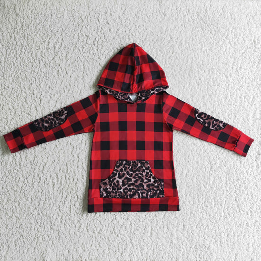 BT0048 Christmas Red Plaid Black Leopard Pocket Boys Long Sleeve Hoodies Top