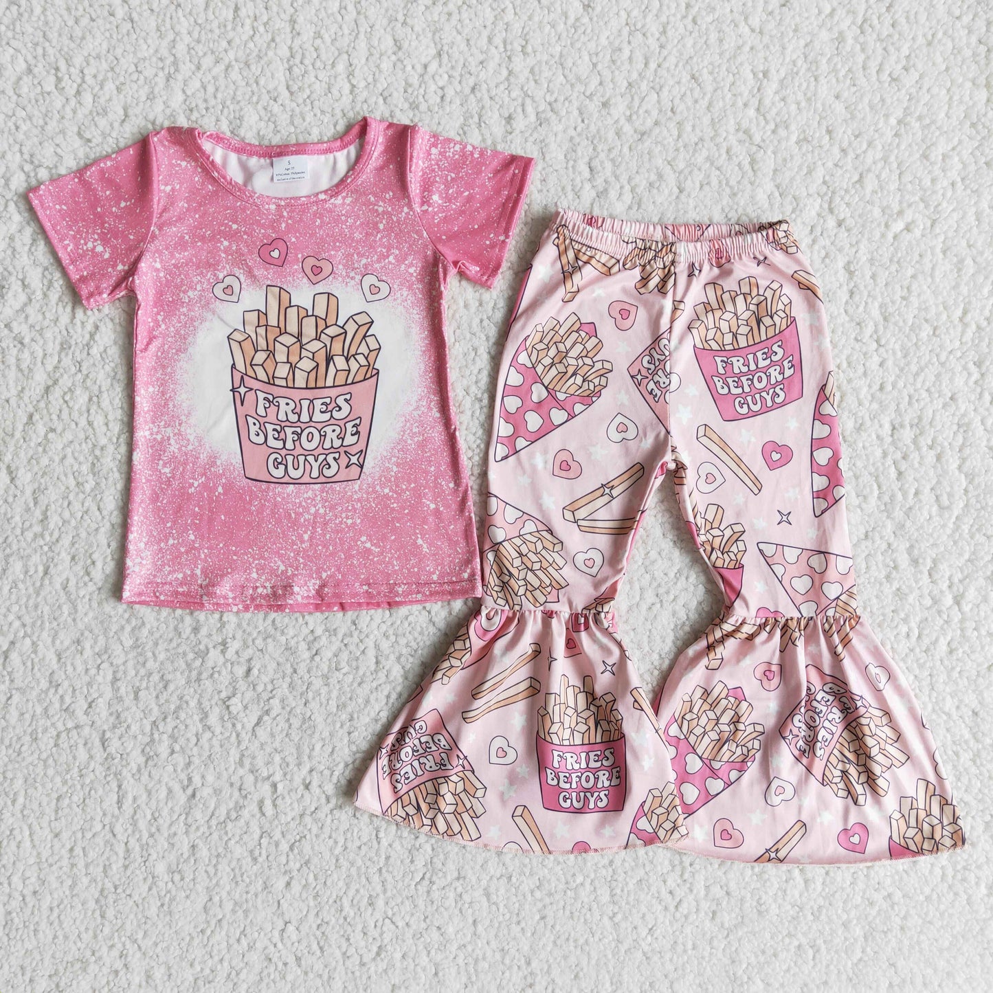 E12-18 Valentine Fries Pink Girls Short Sleeve Bell Bottom Pants Outfits