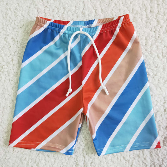 SS0005 Blue Red Striped Print Boys Bathing Suits Swimsuits Swimming Trunks