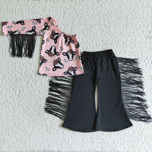 GSPO0140 Pink Cow Floral Tassel Single Girls Long Sleeve Bell Bottom Pants Outfits