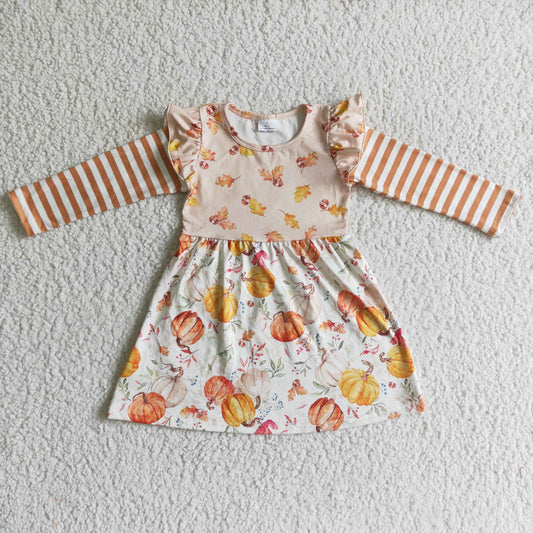 GLD0085 Halloween Orange Pumpkin Stripes Girls Long Sleeve Dresses