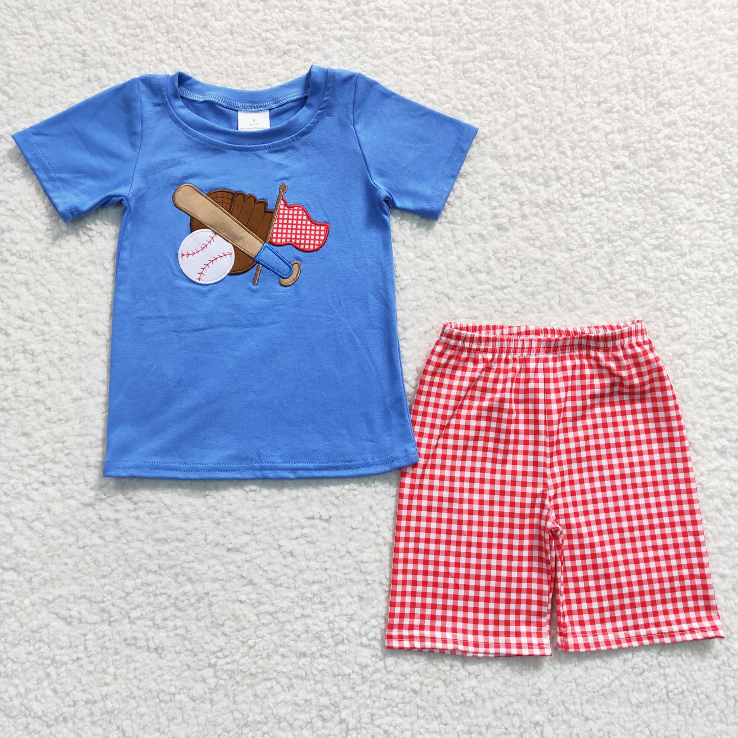 BSSO0134 Baseball Red Blue Plaid Embroidery Boys Short Sleeve Shorts Outfits