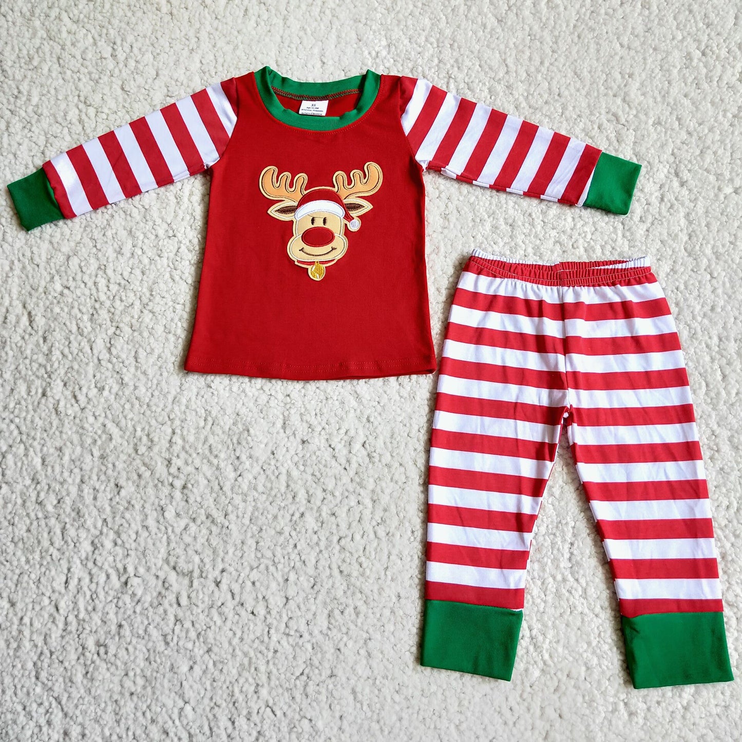 Clearance 6 B2-22 Christmas Deer Striped Print Embroidery Girls Long Sleeve  Pants Outfits Pajamas