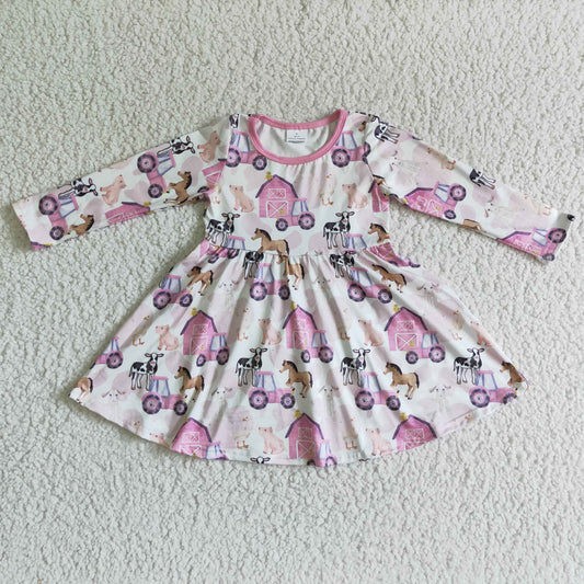 GLD0030 Pink Cow Horses Pig Farm Cartoon Girls Long Sleeve Dresses