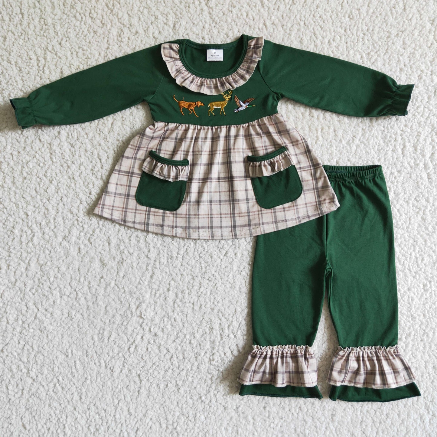 GLP0162 Christmas Green Dog Deer Bird Pockets Embroidery Tunic Girls Long Sleeve Pants Outfits