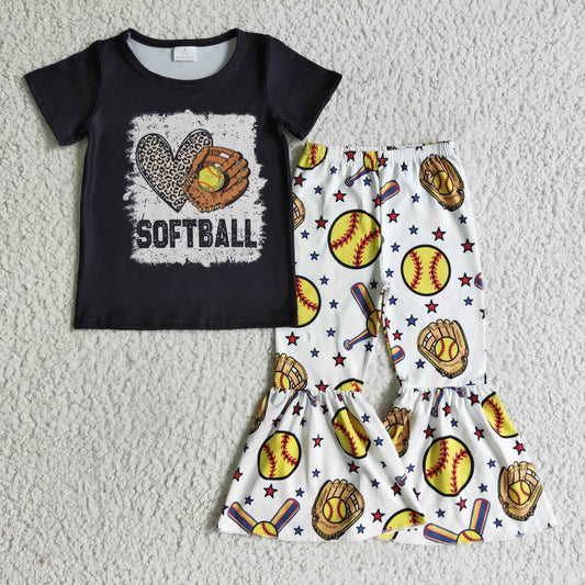 GSPO0215 Black Yellow Love Baseball Softball Leopard Girls Short Sleeve Bell Bottom Pants Outfits