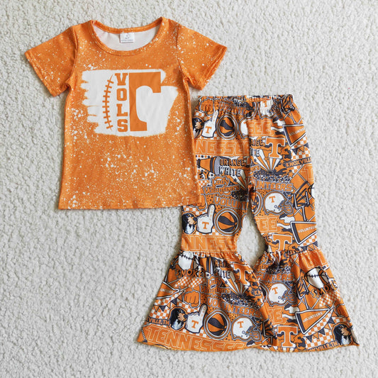 GSPO0241 Orange Bleaching Football Team Love  Girls Short Sleeve Bell Bottom Pants Outfits