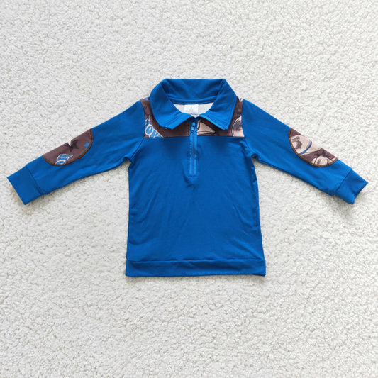 BT0101 Blue Howdy Hat Cowboy Western Boys Long Sleeve Top Collar Polo Pullover T-Shirts