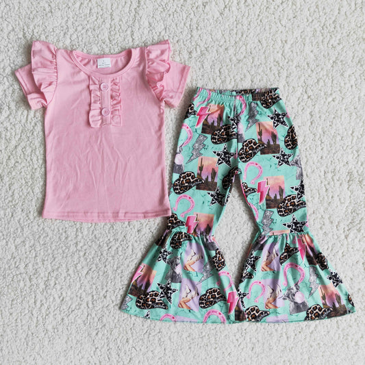 Clearance B2-11 Pink Leopard Hat Cowboys Girls Short Sleeve Bell Bottom Pants Outfits