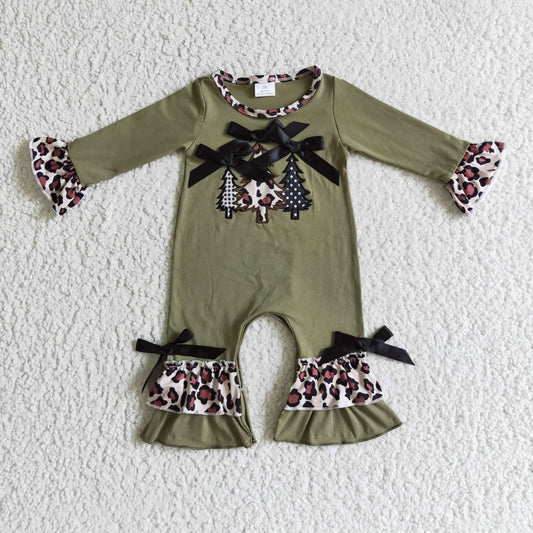 LR0166 Christmas Tree Green Leopard Bow Ruffles Embroidery  Girls Long Sleeve Romper