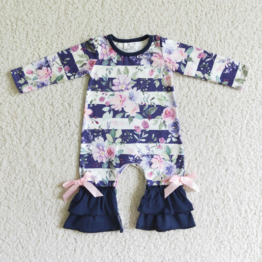 LR0063 Blue Purple Stripes Floral Girls Long Sleeve Romper