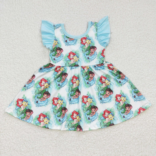 GSD0209 Blue Mermaid Cartoon  Girls Short Sleeve Dresses
