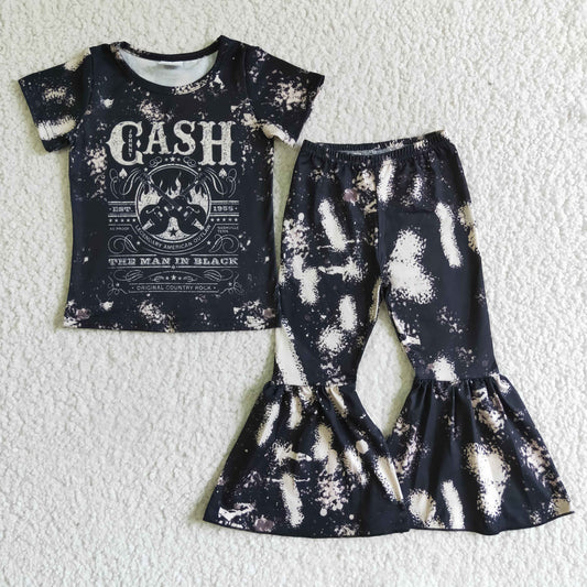 Clearance A5-13 Cash Guitar Black Bleaching Girls Short Sleeve Bell Bottom Pants Outfits