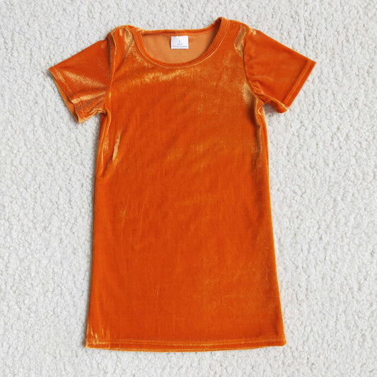 D8-5 Orange Velvet Girls Short Sleeve Dresses