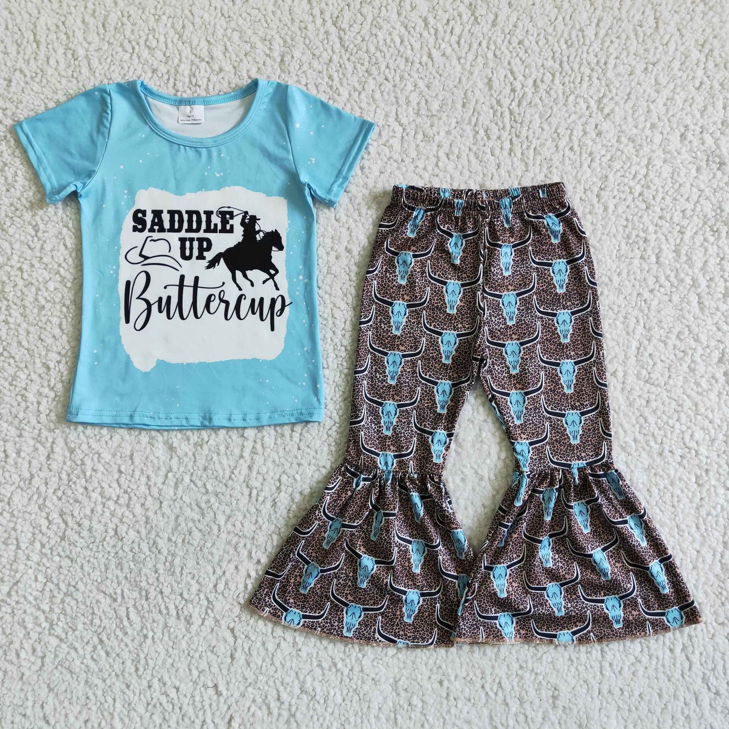 Clearance C5-27 Saddle Up Blue Heifer Highland Cows Rodeo Leopard Girls Short Sleeve Pants Outfits