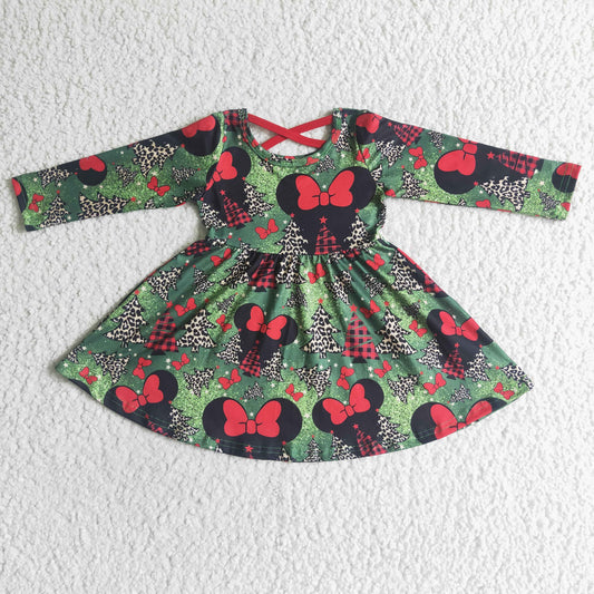 GLD0018 Christmas Tree Leopard Red Green Mouse Cartoon Girls Long Sleeve Dresses