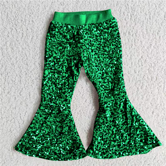 P0033 Green Sequin Bell-bottom Kids Long Pants